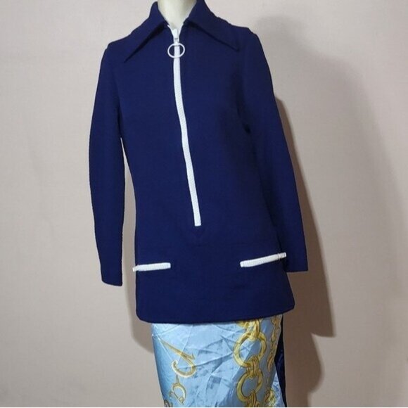 VTG 60s Vana Crimplene Mod Jacket | Cobalt Blue White Trim Zip Front Ring Pull - Picture 3 of 9